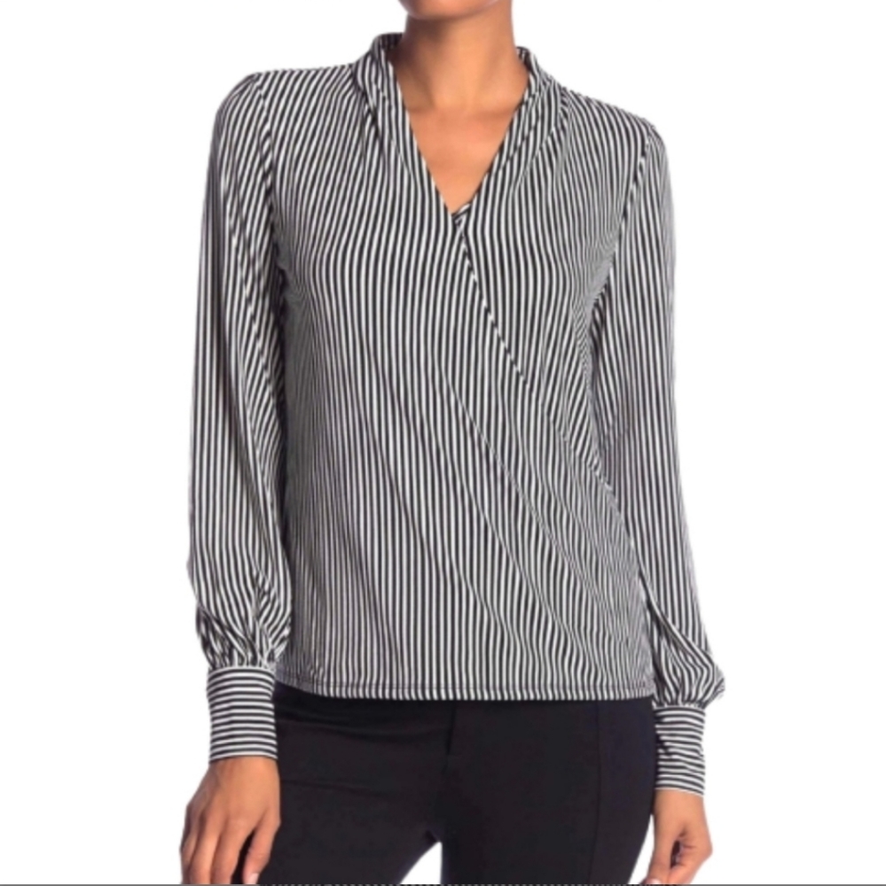 Adrianna Papell Faux Wrap Striped Surplice Top Blouse